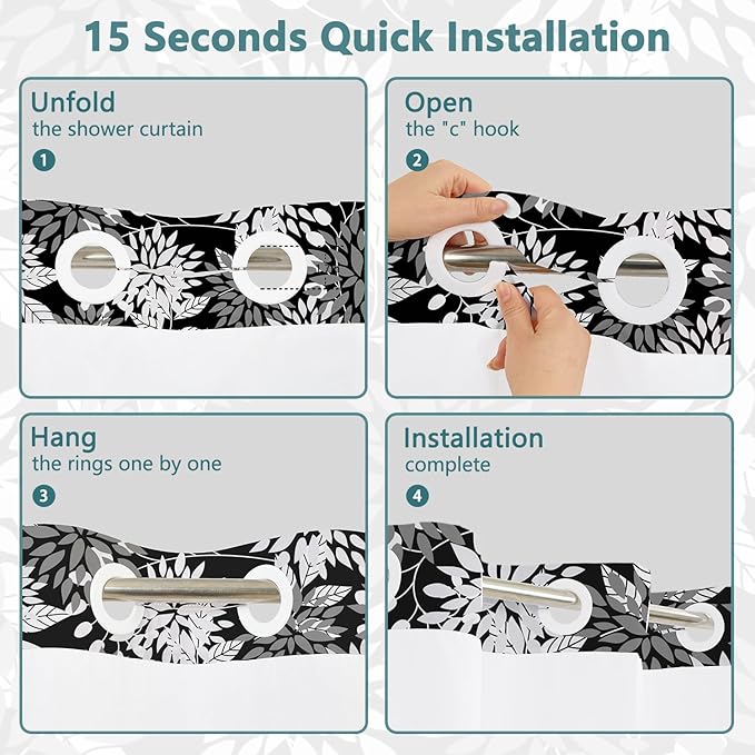 TQUQOBU Black and White Leaves No Hook Shower Curtain and Liner Set, Hotel Luxury Double Layers Waterproof Fabric Shower Curtain, Modern Vintage Boho Botanical Bathroom Curtains, 71x74 Inch