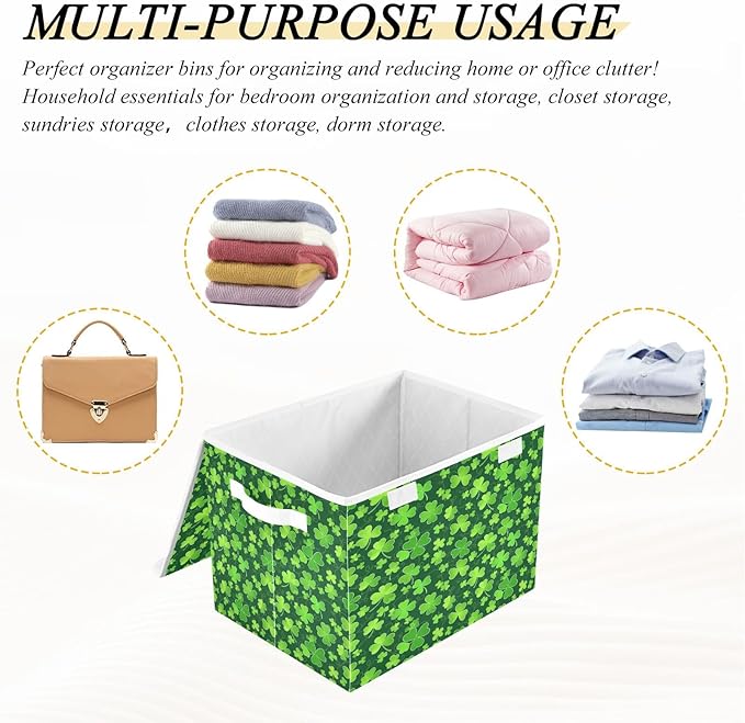 Bolaz Clover St Patrick Day Storage Bins with Lids and Handles, Foldable Storage Box Storage Basket with Cover Collapsible Organizer Containers for Home Closet, Shelves