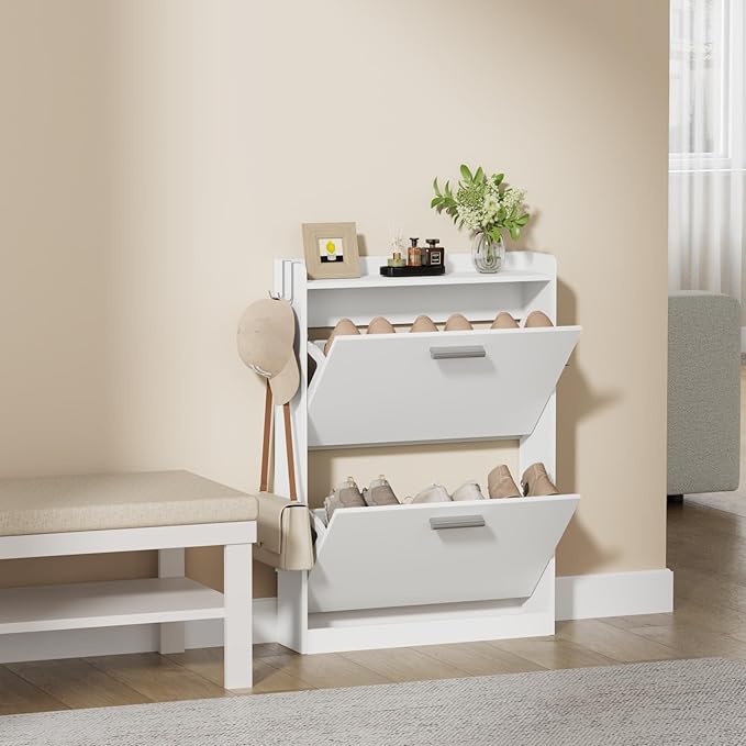 Shoe Cabinet Organizer with 2 Flip Drawers，Freestanding Shoe Rack Cabinet，Narrow Shoe Cabinet Storage for entryway，Foyer, Hallway, White, 23.6" W × 6.3" D × 33.1" H