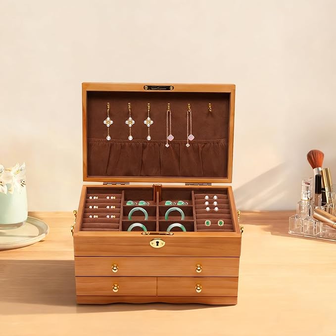 3-Layer Jewelry Organizer with 2 Drawers Wooden Jewelry Box Organizer Display Storage Case with Hook and Lock for Women Necklace Ring Storage
