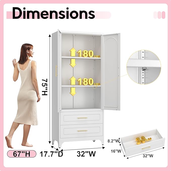 Pantry Kitchen Cabinet with Drawer, 75" Tall Pantry Storage Cabinet, Metal Storage Cabinets with Doors and Shelves, Large Freestanding Cupboard for Dining Room, Assembly Required, White