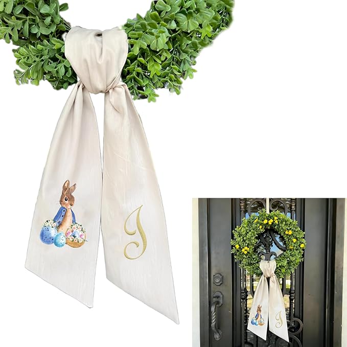 Rabbit Easter Wreath Bow Custom Embroidered Monogram Spring Bunny Wreath Sash for Front Door Hand Tailored Easter Decorations Spring Bows for Wreaths (J)