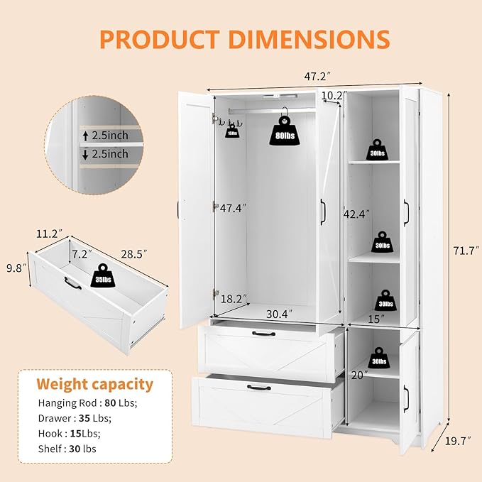 Armoire Wardrobe Closet with Mirror and 2 Drawers, 72''H Bedroom Armoire Wardrobe Cabinet with Hanging Rod and Light,Wooden Bedroom Closet with 3 Door