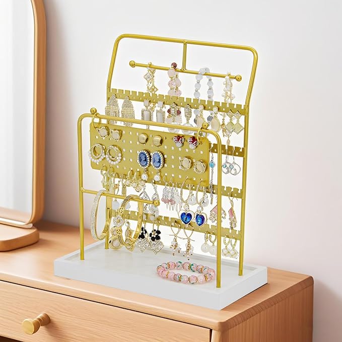 JONKASIPA Jewelry Organizer Stand Metal Jewelry Display Rack with Wooden Tray Necklace Stand Partitioned Storage for Rings, Earrings and Bracelets Jewelry Rack(Gold)