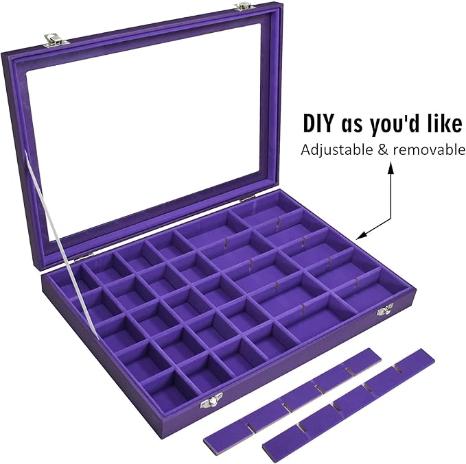 Jewelry Tray Organizer Box 40 Grid Jewelry Display Organizer Box with Transparent Lid Rings Earrings Necklaces Pendants Display Box Suitable for Women and Girls (40 Grid, Purple)