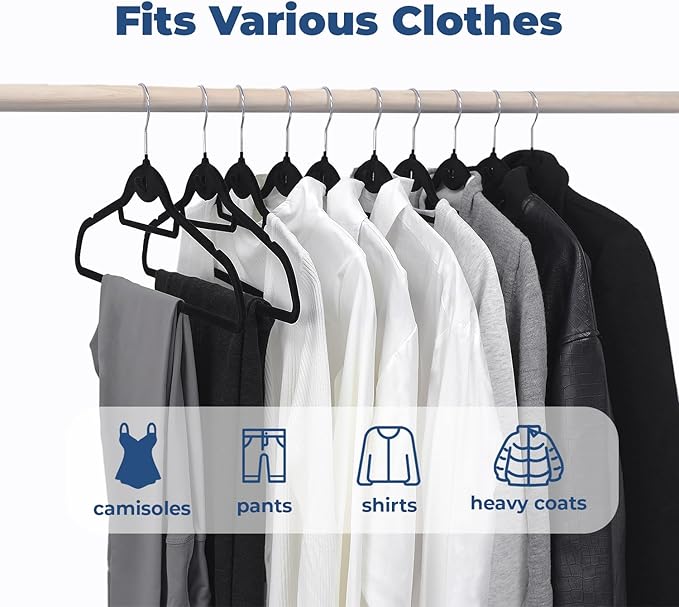 Limogoo Black Velvet Hangers 50 Pack, Felt Covered Non Slip Fabric with Stackable Cascading Hook, Ultra Thin and Space Saving with 360° Swivel Neck, 15Lbs Capacity for Clothes, Suit, Shirt, Coat