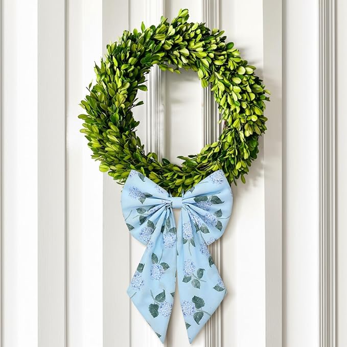 2 Pcs Spring Hydrangeas Wreath Bows 19.6'' x 11.8'' Large Tree Topper Blue Ornament Rustic Burlap Wreath Sash for Front Door Spring Party Yard Doorway Indoor Outdoor Wall Decor