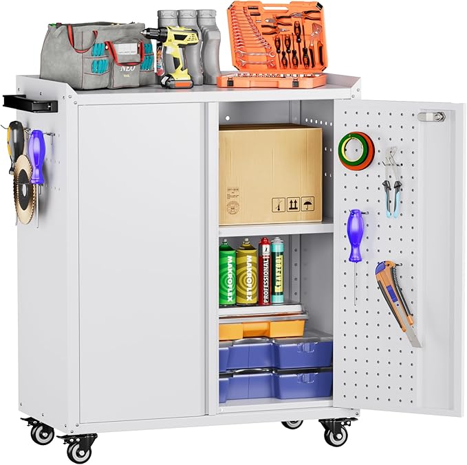 Aobabo Metal Garage Storage Cabinet,2 Door Storage Cabinet with Wheels for Garage,Assembly Required,White