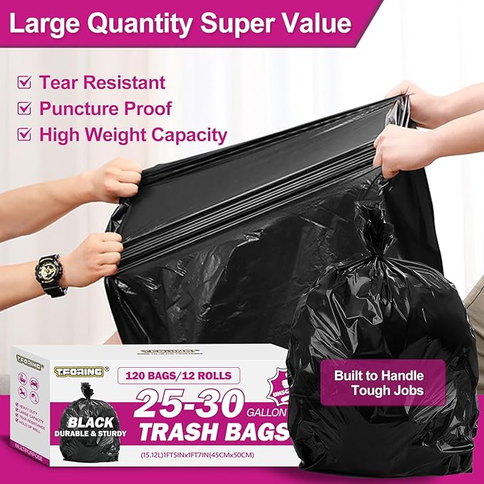 25-30 Gallon Trash Bags Black 120 Count - 32" x 36" Large Kitchen Garbage Bags, 20+ Gallon Trash Can Liners Unscented, Multipurpose for Home, Office, Daily Household Use