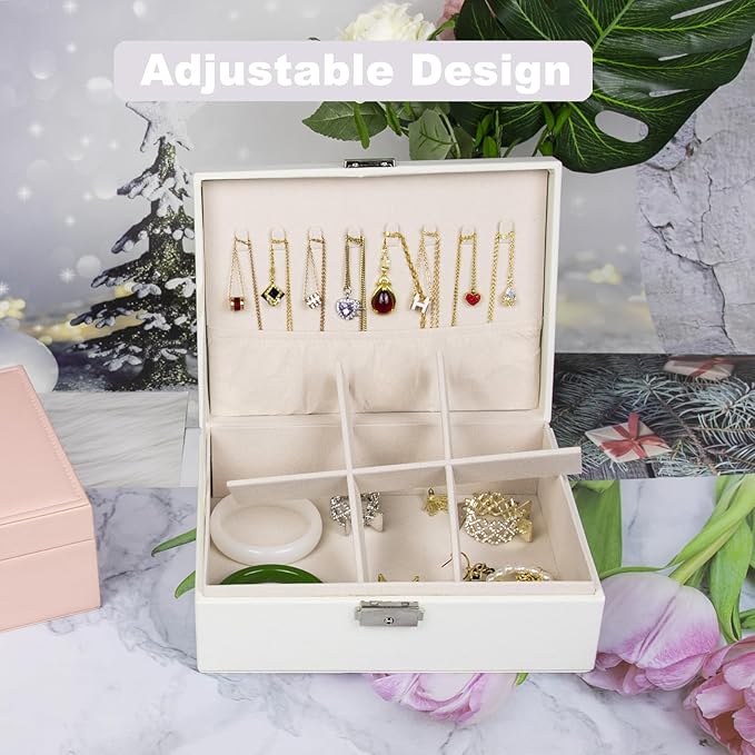 SYCARON Jewelry Box Organizer for Women, Jewelry Organizers 2 Layer Jewelry Storage Box PU Leather with Lock for Women Girls Rings Earrings Necklace Bracelets, Off White