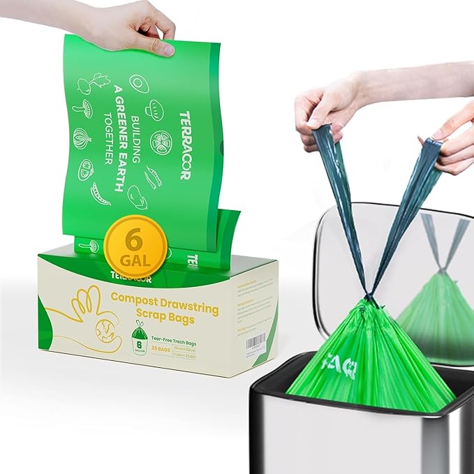 TERRACOR 6 Gallon Compostable Trash Bags Drawstring, Heavy Duty Extra Thick 1 Mil, 35 Bags, Tall Kitchen Food Scrap Waste Bag, ASTM D6400