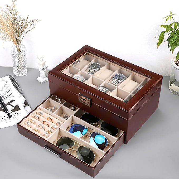 Voova Jewelry Box Watch Boxes Organizer for Men Women, 2 Layer Large 12 Slot PU Leather Watch Storage Case, Glass Top Jewelry Display Holder for Watches Sunglasses Rings Necklaces Bracelets (Brown)