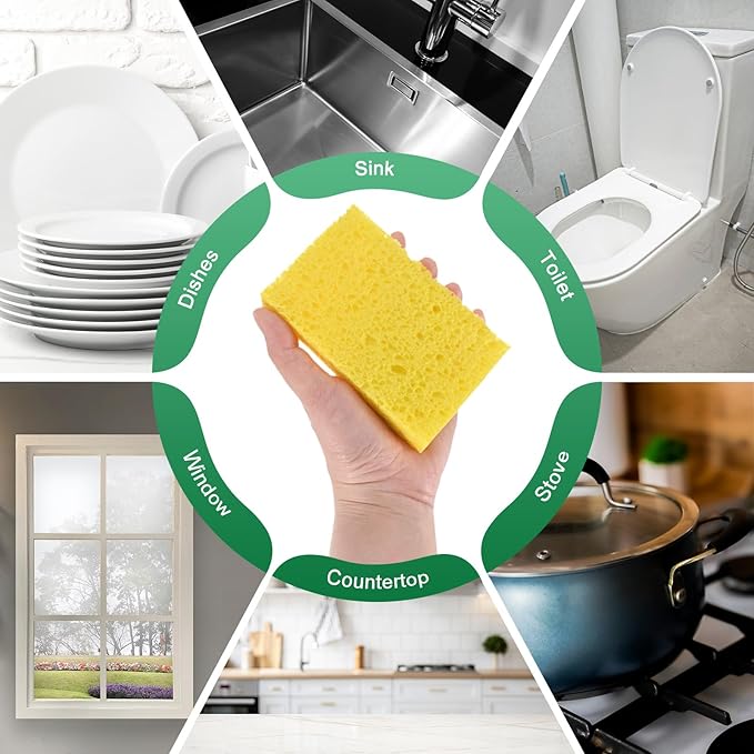 M METERXITY 12-Pack Kitchen Sponges, Condense Eco Cellulose Non-Scratch Scrub Heavy Sponge for Kitchen/Household/Bathroom, Clean Tough Messes Dish Scrubber [Yellow]