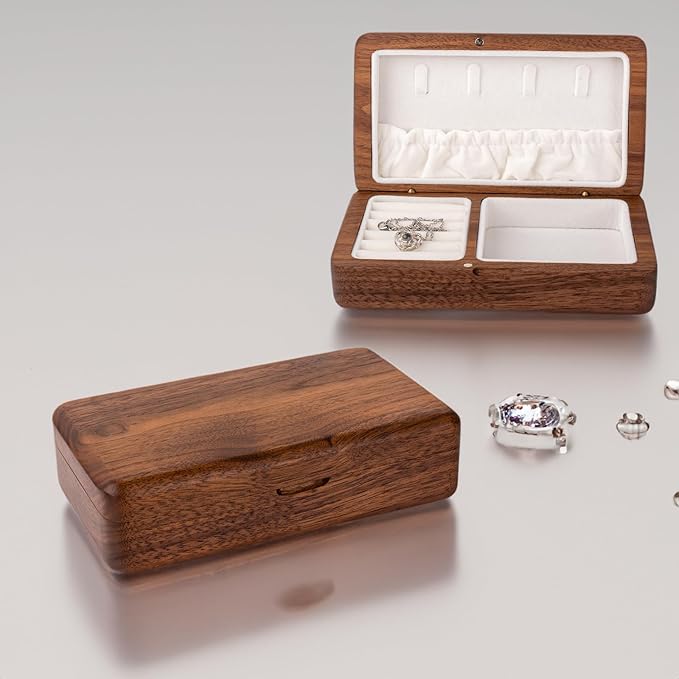Jewelry Box Ladies Retro Travel Portable Mini Simple Solid Wood Wooden Small Jewelry Organize Storage Display Box (Walnut)