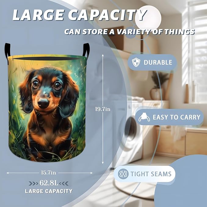 Cute Dachshund in Sunny Grass Laundry Basket with Handles, 19.7"x15.7" Clothes Foldable Laundry Hamper Organizer for Dorm Nursery Bedroom Bathroom Decor, Toy Storage Bin for Kids