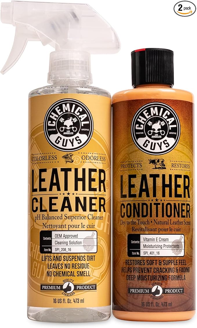 Chemical Guys Leather Cleaner and Conditioner Kit - Car Cleaner and Conditioner, Safely Cleans & Conditions Leather Car Interiors, Furniture, Shoes, Boots, Bags, Apparel & More, 2 Bottles (16 oz Each)