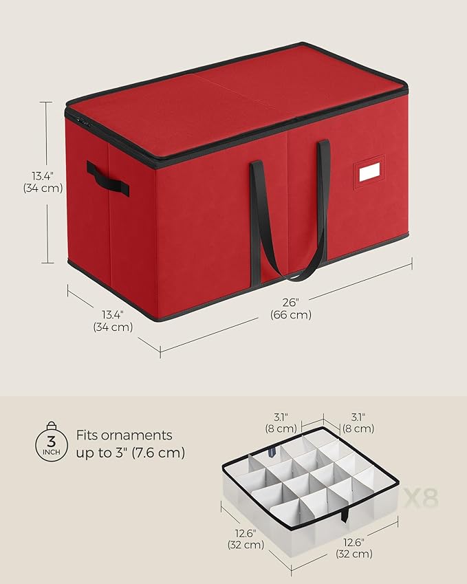 SONGMICS Christmas Ornament Storage Box, Dual Zippers, Stackable Christmas Storage Container with Lid, 8 Trays, 600D Oxford, 3-Inch 128 Slots, Cherry Red URFB035R01