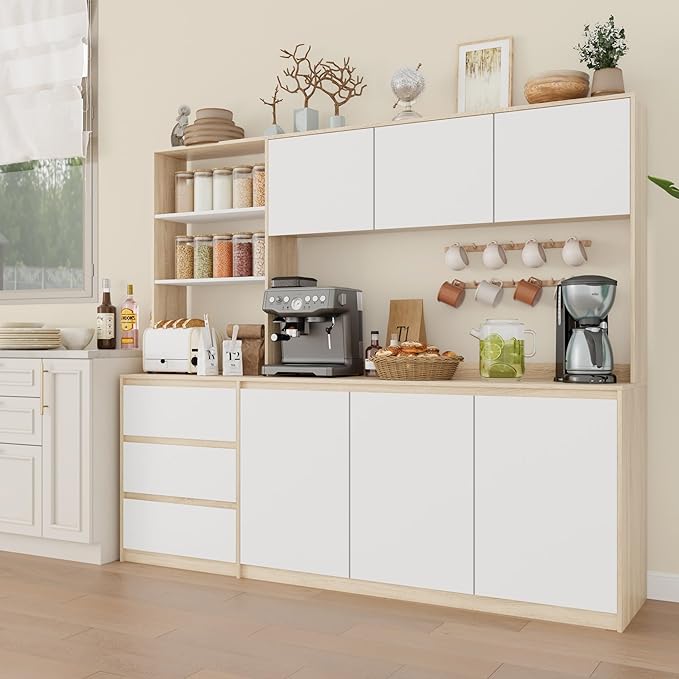 Large Kitchen Hutch Cabinet with Microwave Stand, Storage Cupboard Pantry with 3-Tier External Shelves and 3 Drawers, Ktichen Food Pantry with Open Countertop for Dining Room, White + Walnut