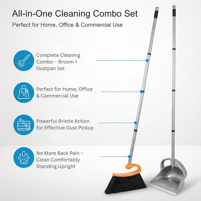 Surfer Combo Broom with Dustpan Combo Set – 4-Piece Composable Handle Broom and Dustpan Set with Long Handle | Durable Dust Pan & Broom for Home and Commercial Cleaning