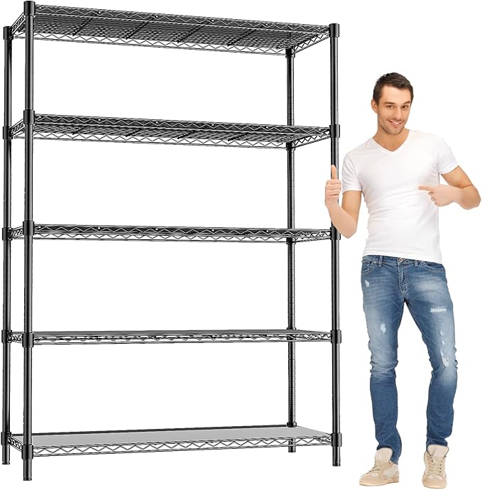 RackBro 48" W Storage Shelves 1875LBS Metal Shelving, 5-Tier Adjustable Wire Shelving Unit with Liners, Heavy Duty Garage Shelving Steel Rack for Commercial Pantry, 48" W x 18" D x 72" H, Black