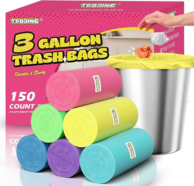 T.FORING Small Trash Bags 3 Gallon -150 Count Mini Garbage Bags Unscented,12 Liter Colored Plastic Trash Can Liners,Strong Wastebasket Liners for Bathroom Toilet and Home