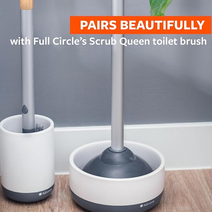 Full Circle Royal Plunge - Bathroom Toilet Plunger with Ceramic Holder and Diatomaceous Earth Disk for Mold & Mildew Prevention, Easy to Clean & More Hygenic, White