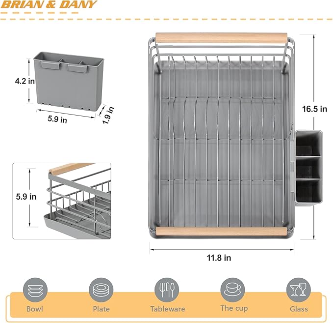 BRIAN & DANY Dish Drying Rack, Dish Racks for Kitchen Counter, Stainless Steel Dish Drainer with Removable Cutlery Holder & Drainboard, Grey
