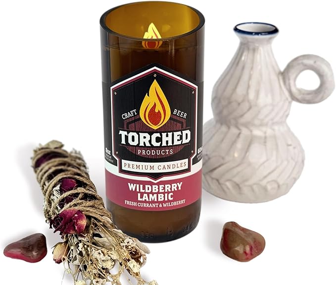 Torched Beer Scented Candles | Natural Soy Wax Candle | Wildberry Lambic Scent 8 oz | Makes a Great Gift for Men, Beer Lovers, and Collectors | Bar Man-Cave Decor and Accessories