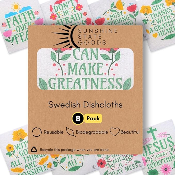 Sunshine State Goods Swedish Dishcloths for Kitchen - Ecofriendly Reusable Paper Towels, Biodegradable Dish Cloths - Cellulose Sponge Dish Cloths for Washing Dishes - 8 Pack (Christian Messages)