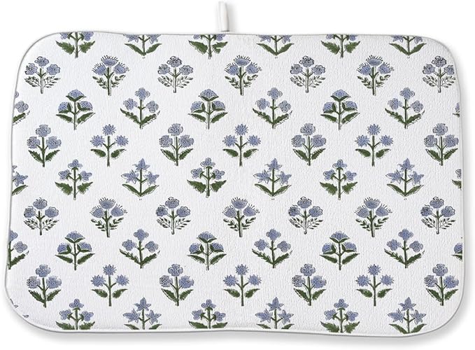 Vintage Blue Sage Green Floral Dish Drying Mat 18 x 24 Inch Block Print Floral Drying Mat for Kitchen Counter Absorbent Boho Flowers Dishes Dry Pad for Drainer Rack Kitchen Fast Dry