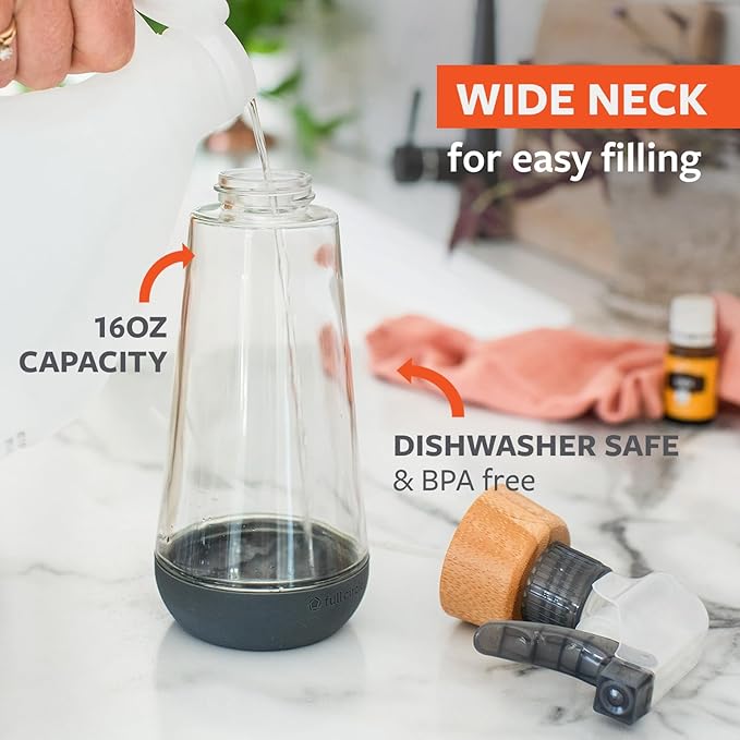 Full Circle Bottle Service - Refillable Glass Spray Bottle for Cleaning - Versatile Stream & Mist Options, Bamboo, Silicone Boot - Ideal for Non-Toxic Solutions & Plant Care, 16oz, Gray