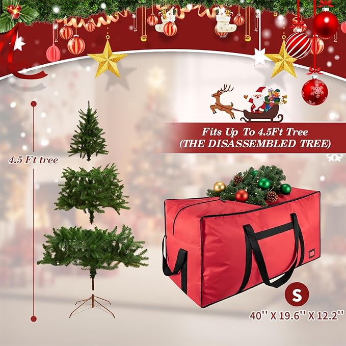 4.5 ft Christmas Tree Storage Bag, Heavy Duty Christmas Tree Bag with Reinforced Handles and Dual Zippers Wide Opening, Large Capacity fits for Artificial Christmas Tree (Red, 4.5 ft)