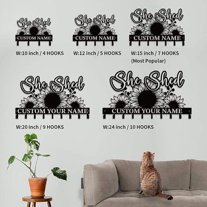 Personalized She Shed Metal Keys Hooks,Custom Name Metal She Shed Keys Hooks,Black Metal She Shed Wall Home Storage Decorative Keys Hooks,Key Holder Hooks for Wall (Style A)