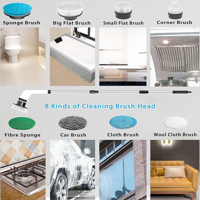 MGLSDeet Electric Spin Scrubber Scrub Brush, Rechargeable Cleaning Brush with 8 in 1 Replaceable Brush Heads, Cordless Power Spin Scrubber 90Mins for Bathroom Shower Bathtub Glass Car