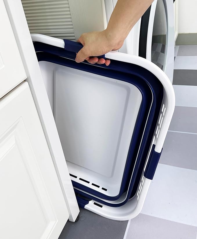 SAMMART 42L (11 Gallon) Collapsible Plastic Storage Basket - Foldable Pop Up Storage Container/Hamper - Portable Laundry Organizer - Space Saving (White/Starry Blue, 42L (Style A))