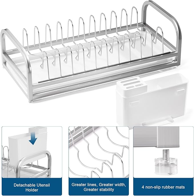 YEYPOP Dish Drying Rack for Small Kitchen Counter, 304 Stainless Steel Small Dish Rack w Utensil Holder & Tray for Limited Space, Rustproof Narrow Dish Rack for Pot & Pan, Plate, Lid (Silvery)