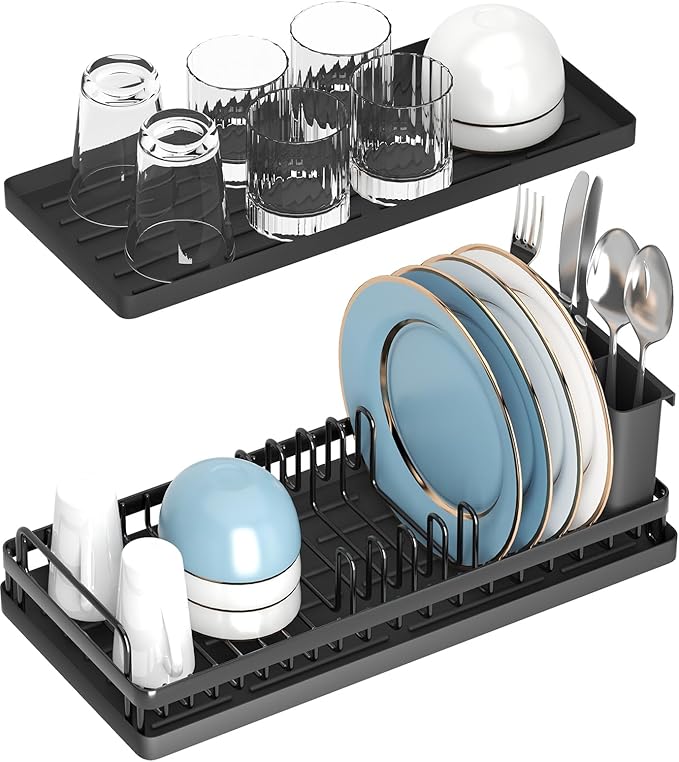 CHLORYARD Small Dish Drying Rack, Compact Sink Dish Drainer Plate Organizer with Utensil Holder and 2pcs Silicone Drying Mats for Kitchen Counter, RVs, Apartments