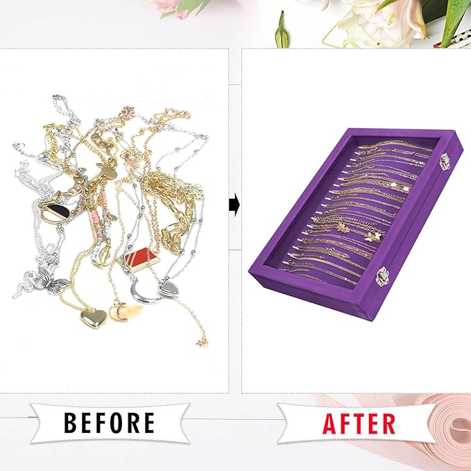 Necklace Organizer Box Premium 20 Hooks Velvet Necklace Display Jewelry Tray with Transparent Lid Jewelry Necklace Display Box for Necklace Pendants Suitable for Women and Girls (Purple)