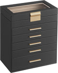 SONGMICS Jewelry Box Organizer with Glass Lid, 6-Layer Jewelry Storage, with 5 Drawers, Modern Style, 6.4 x 9.9 x 11.4 Inches, Graphite Black and Gold Color UJBC171B01