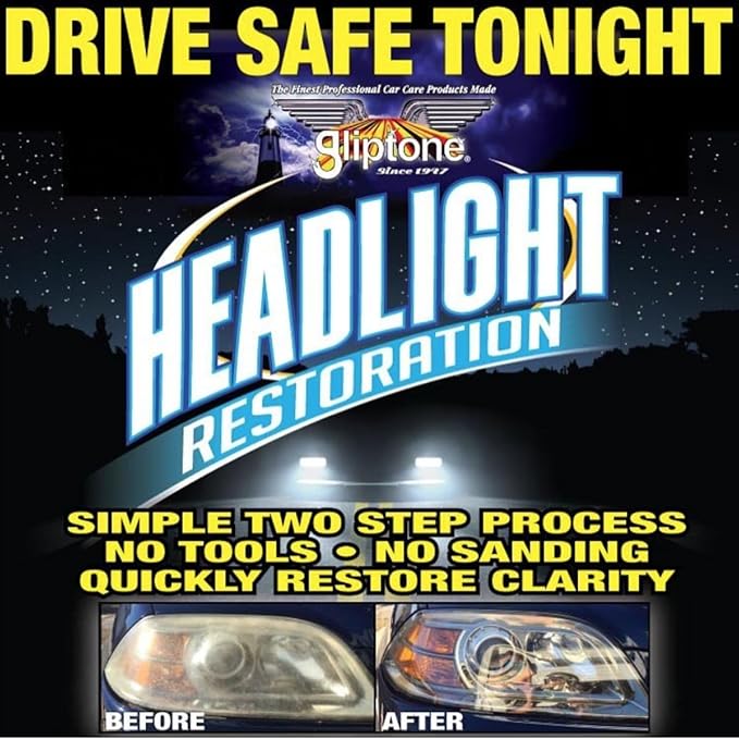 Gliptone Headlight Restoration Kit, No Sanding or Tools Required, Restores Yellowed and Cloudy Headlights, Improves Night Visibility, UV Protective Clear Coat, Easy 2 Step Process, 7 Piece Kit
