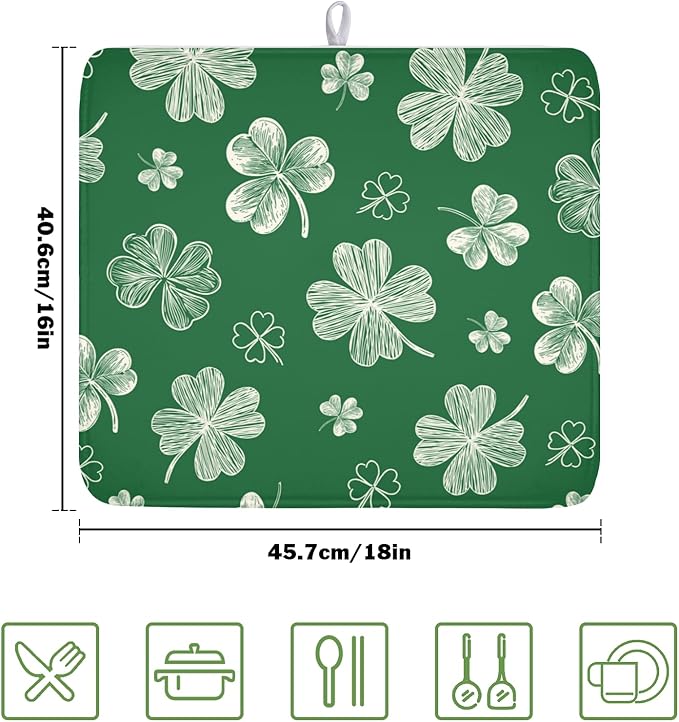ABSOP St Patrick's Day Dish Drying Mat 16 x 18 Inch Green Shamrock Dish Drainer Rack Mat Absorbent Microfiber Mats for Spring Lucky Clovers Dish Pad for Kitchen Coffee Bar Decor