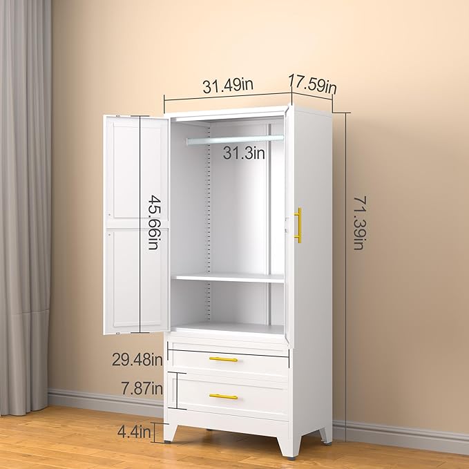 Metal Armoire Wardrobe Closet, 71 "Metal Clothing Storage Cabinet with Adjustable Shelves and Hanging Rod, Household Steel Wardrobe Storage Cabinet with Drawers (armoire-White)
