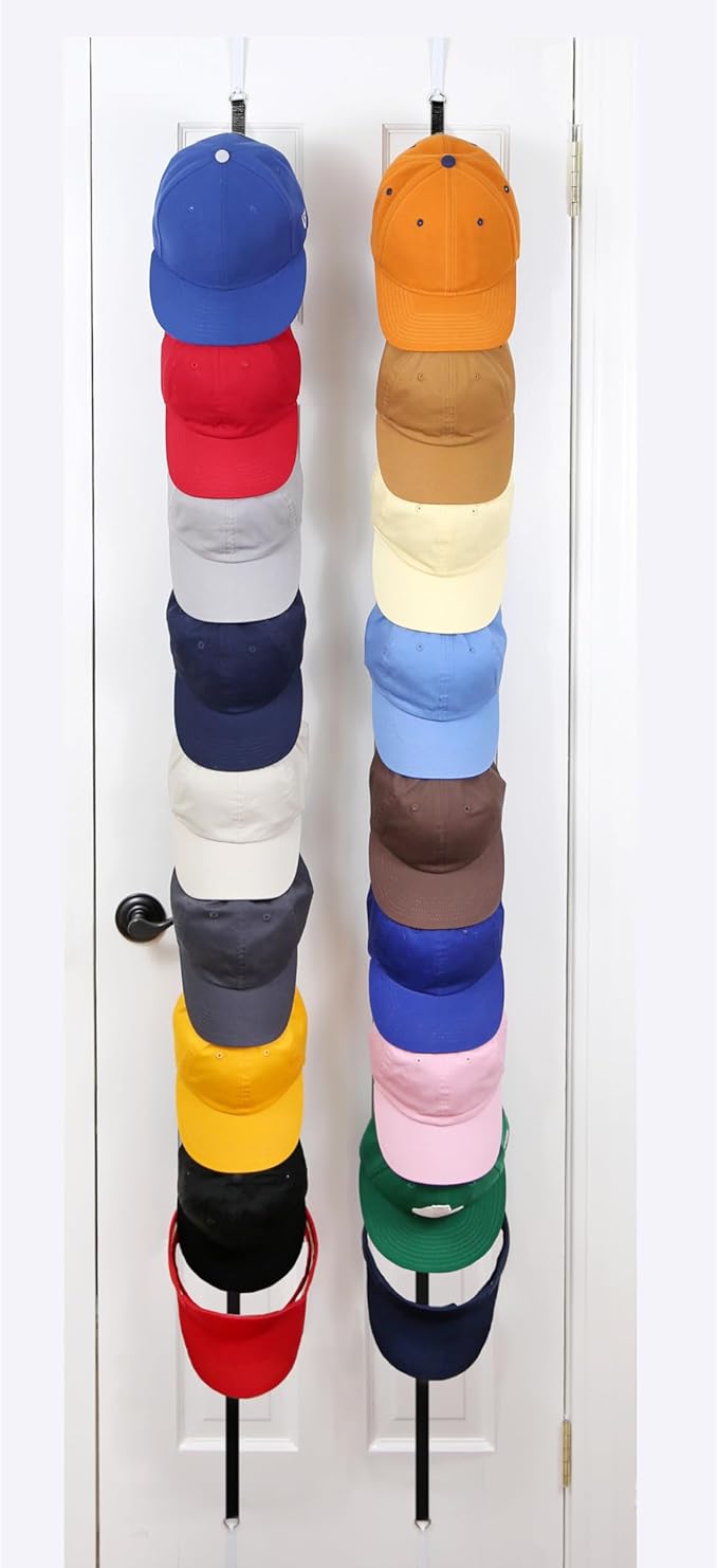 Perfect Curve CapRack | Over-The-Door Hat Organizer for Baseball Caps | 2 Straps, Holds 18-36 Adjustable Caps | Black