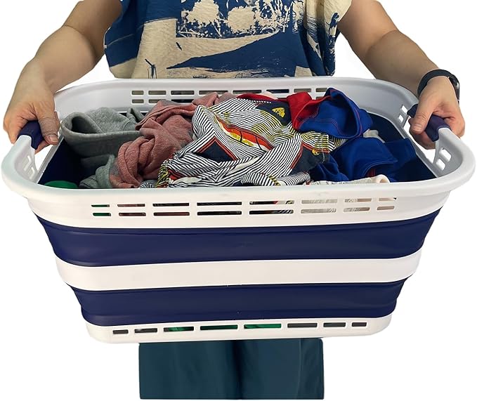 SAMMART 42L (11 Gallons) Collapsible Plastic Laundry Basket - Foldable Pop Up Storage Container/Organizer - Portable Washing Tub - Space Saving Hamper/Basket [BPA Free] (White/Starry Blue (Set of 2))