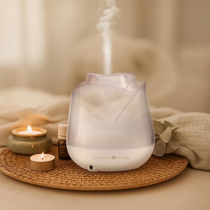 Earnest Living Rose Essential Oil Diffuser 150ml – Mini Ultrasonic Aromatherapy Humidifier for Bedroom & Desk, Quiet Mist, USB Powered, 7-Color Night Light, BPA for Women, Frosted White