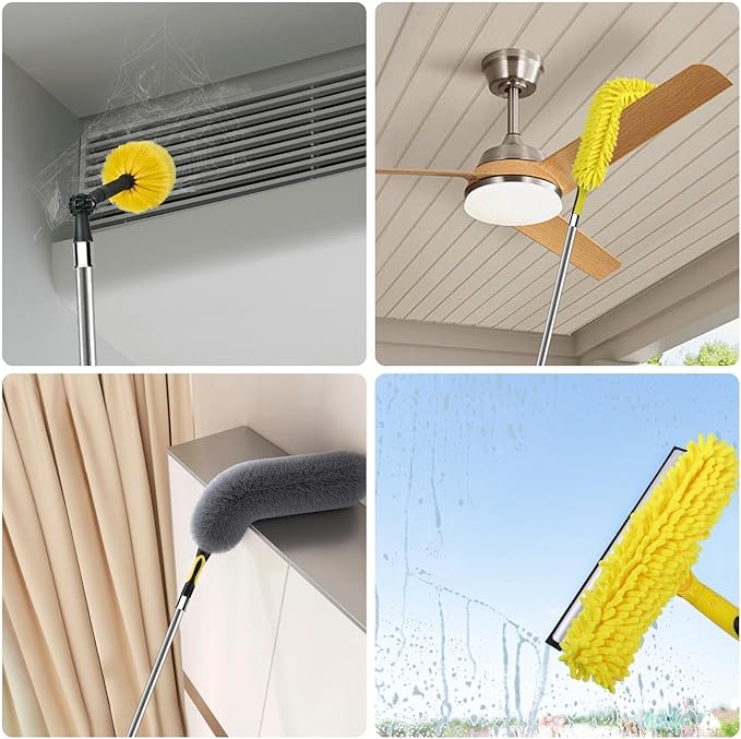 25 Foot High Ceiling Duster Kits with 5-18ft Heavy Duty Extension Pole, High Reach Duster for Cleaning,Microfiber Feather Duster,Cobweb Duster,Ceiling Fan Duster,Window Squeegee & Cleaner