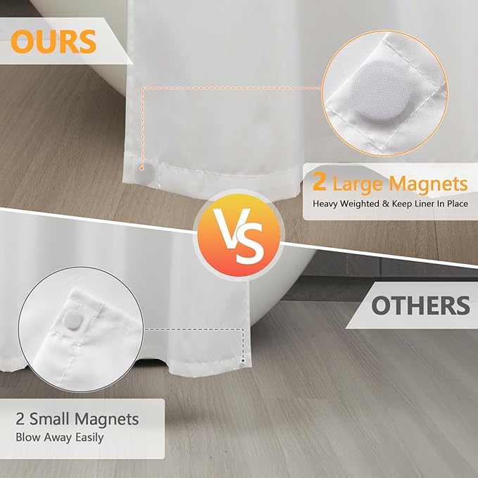 Waterproof Fabric Stall Shower Curtain Liner with 2 Large Magnets, 36 x 72 inch Half Size Cloth Shower Liner Washable, Narrow White Lightweight Bath Curtain for Single Stall