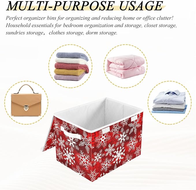 Christmas Baskets Collapsible Storage Bins with Lids, Christmas Red Pattern with Snowflakes Flower Storage Boxes Clothes Baskets for Organizing