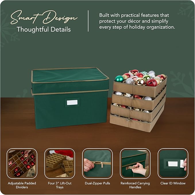 Covermates Keepsakes Adjustable Ornament Storage Box – Heavy-Duty Polyester, Padded Dividers & FlexGrid Trays – Protective Holiday Organizer with Stackable Walls & Label Window, Green
