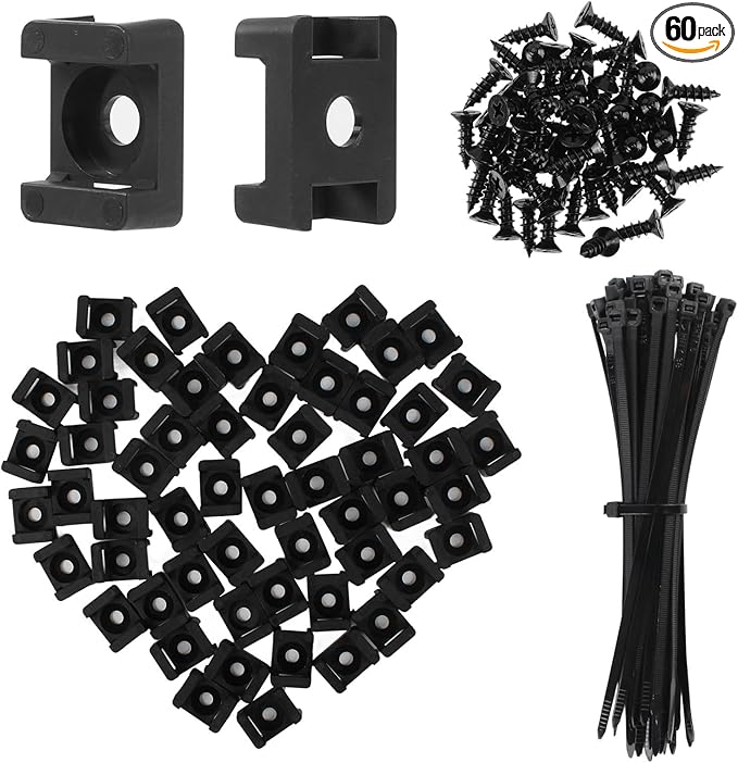 SLEYUIM Premium Cable Zip Tie Mounts Kit - 60 Packs Wire Management Holder & Cable Clips, 8" High-Strength Nylon Ties & 5M Screws, Heavy Duty Fasteners for Wall/Desk, Indoor & Outdoor Cable Organizer